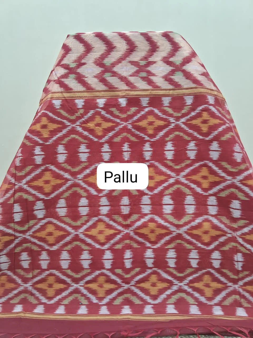 Beige Ikkat Silk Cotton Saree pallu