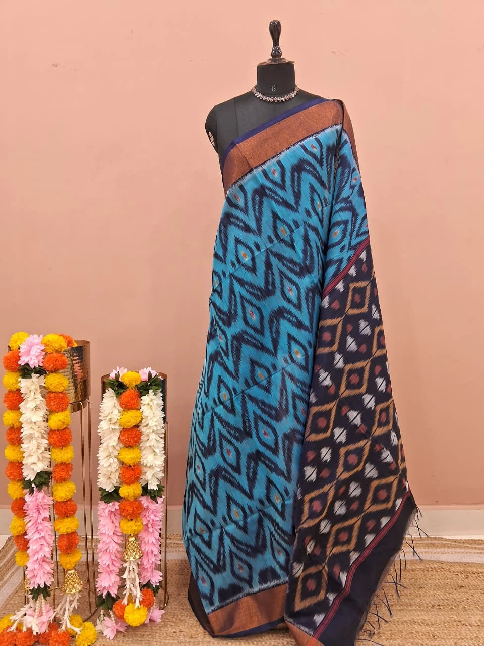 Turquoise Blue Ikkat Silk Cotton Saree 