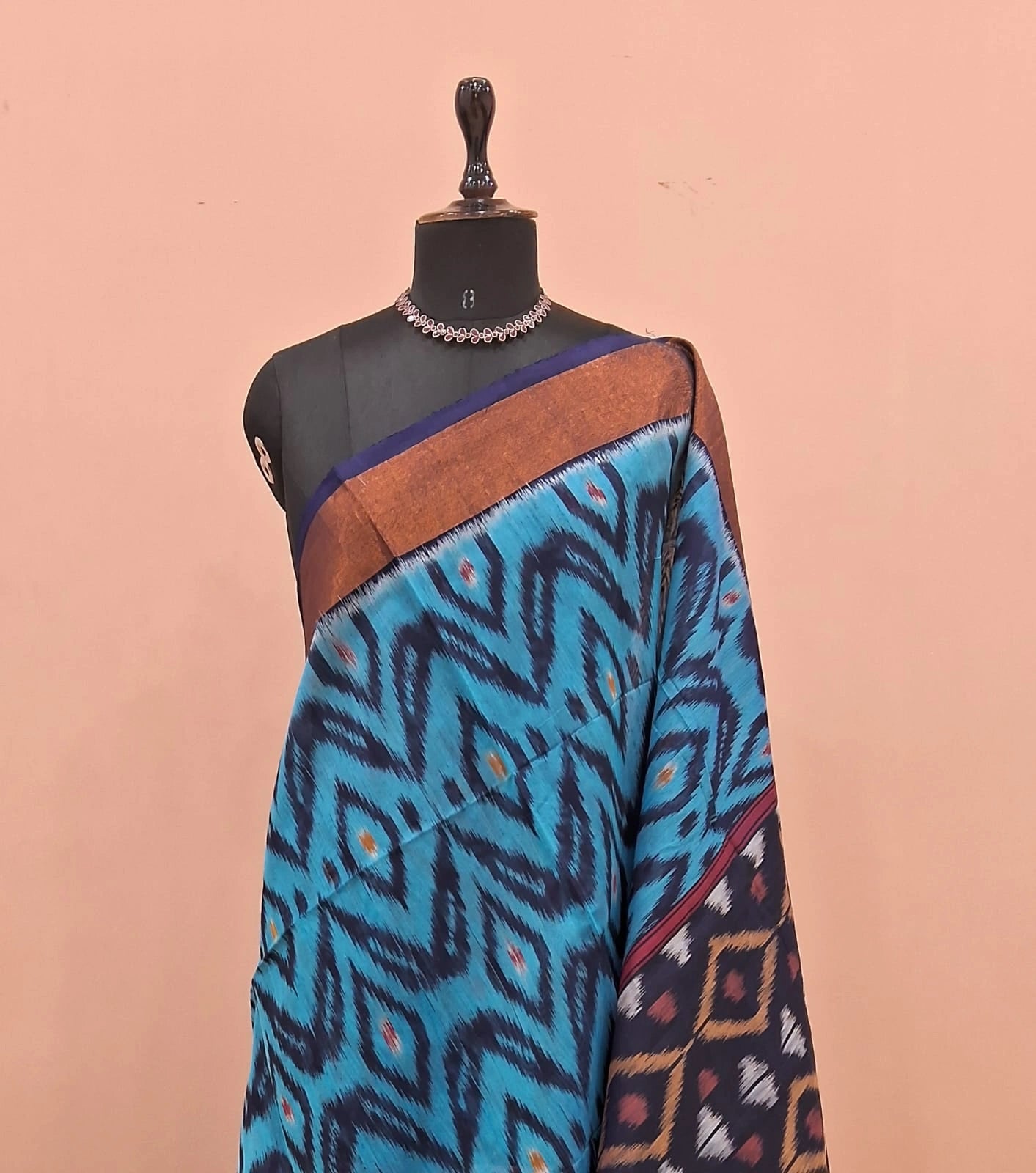 Turquoise Blue Ikkat Silk Cotton Saree 1