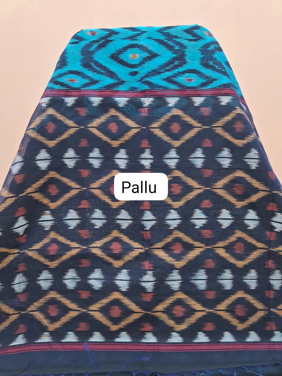 Turquoise Blue Ikkat Silk Cotton Saree pallu