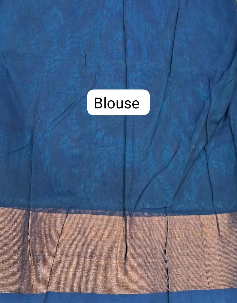 Turquoise Blue Ikkat Silk Cotton Saree blouse