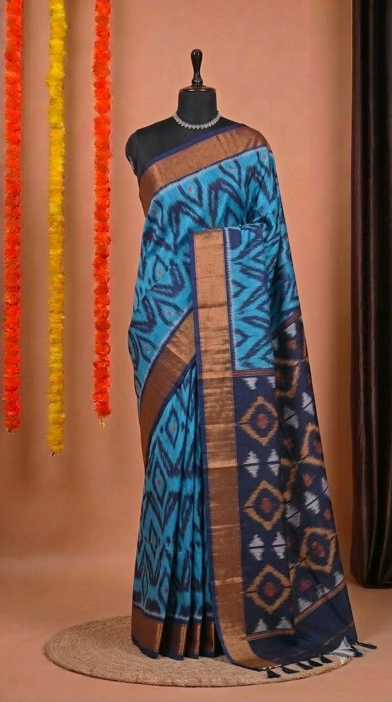 Turquoise Blue Ikkat Silk Cotton Saree 