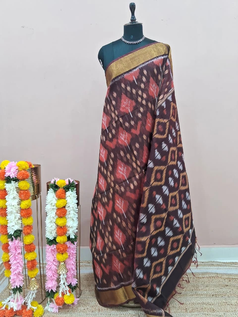 Coffee Brown Ikkat Silk Cotton Saree 