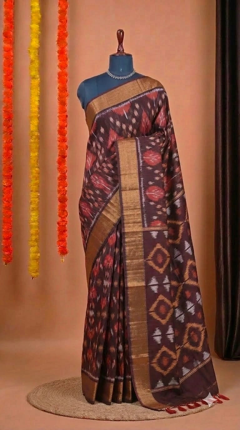 Coffee Brown Ikkat Silk Cotton Saree 