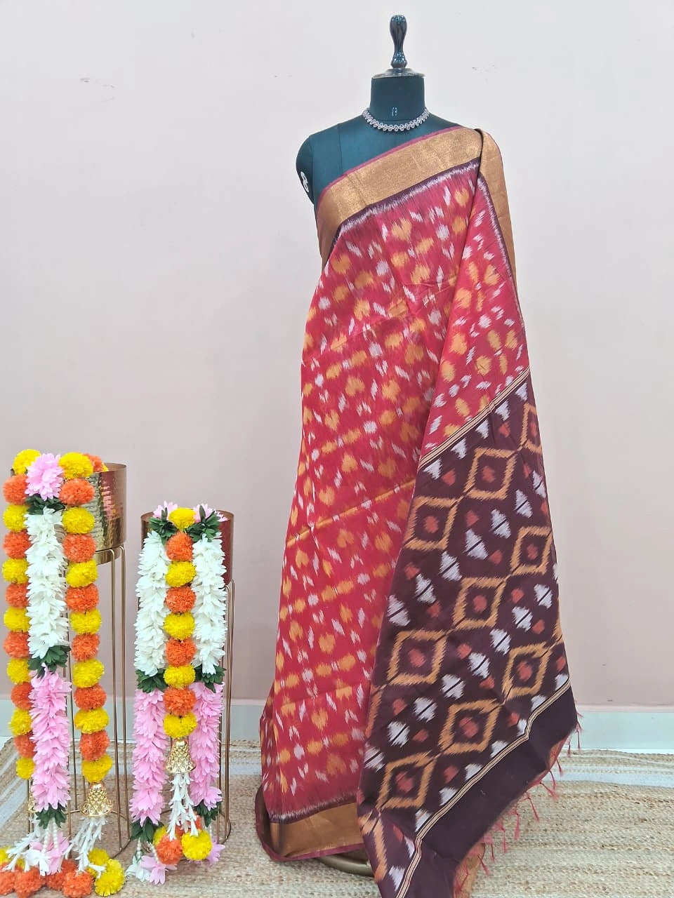 Pale Red Ikkat Silk Cotton Saree 