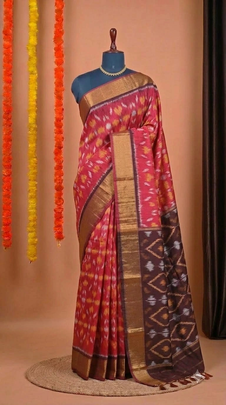 Pale Red Ikkat Silk Cotton Saree 