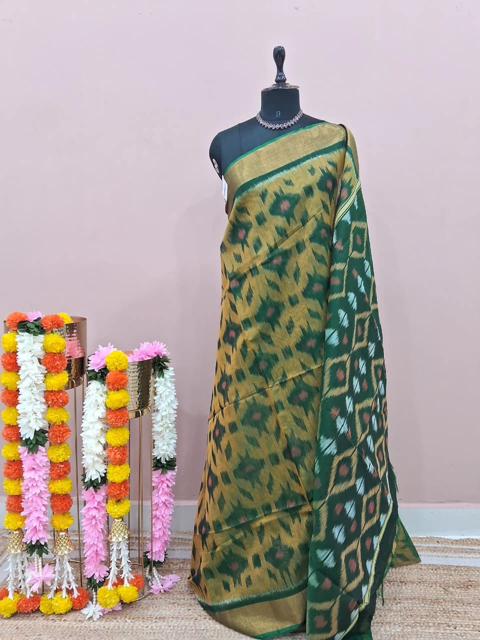Olive Green Ikkat Silk Cotton Saree 