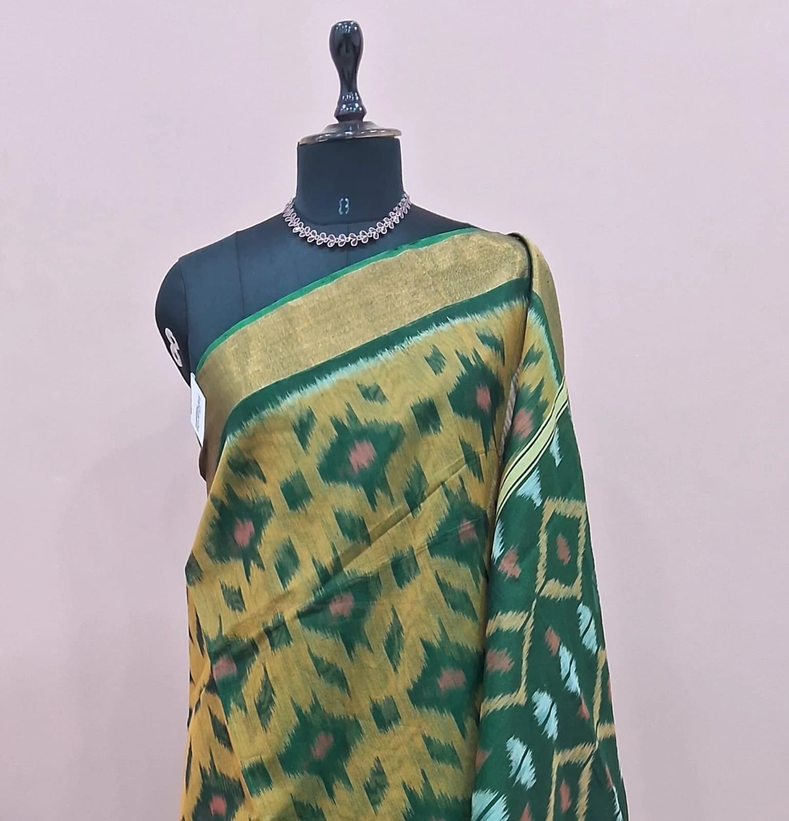 Olive Green Ikkat Silk Cotton Saree 1
