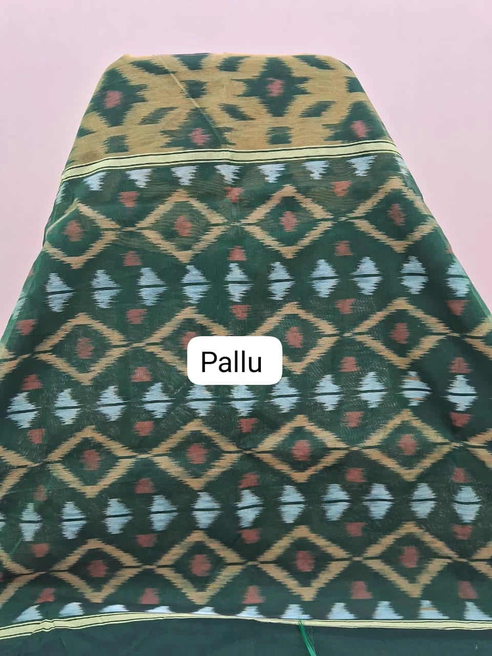 Olive Green Ikkat Silk Cotton Saree pallu