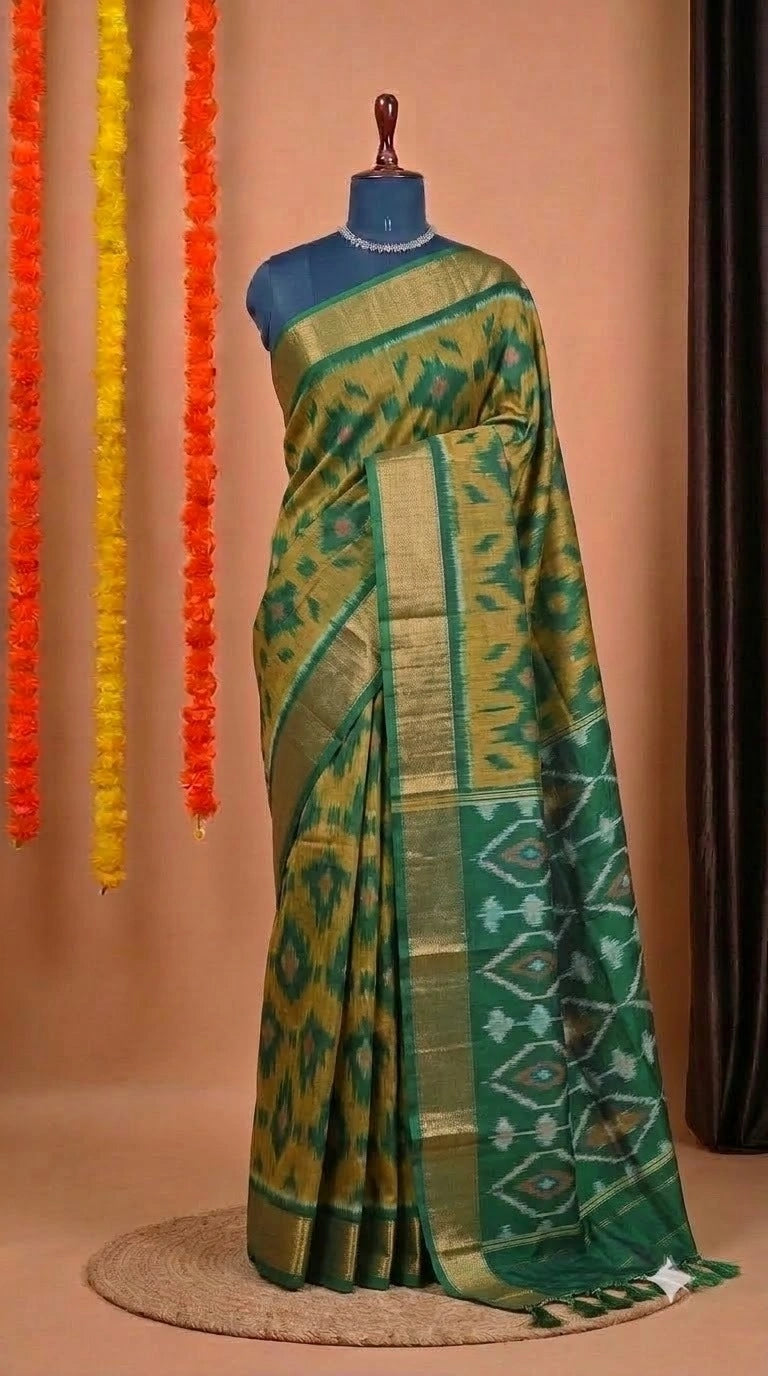 Olive Green Ikkat Silk Cotton Saree 
