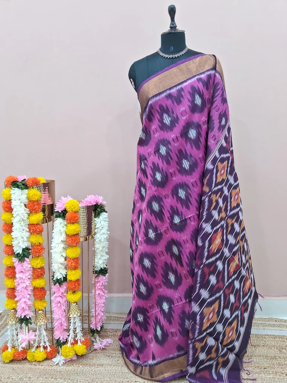 Pink Ikkat Silk Cotton Saree 