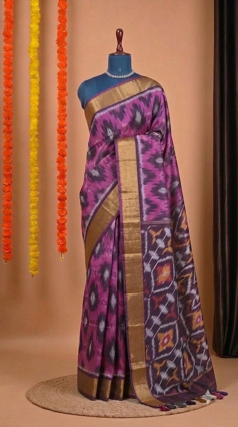 Pink Ikkat Silk Cotton Saree 
