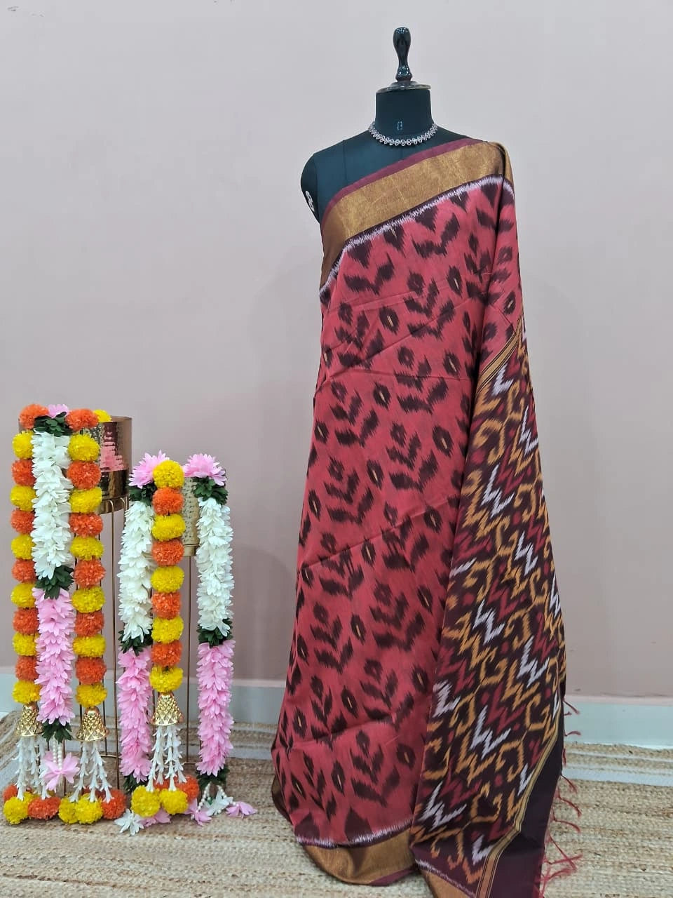 Brick Red Ikkat Silk Cotton Saree 