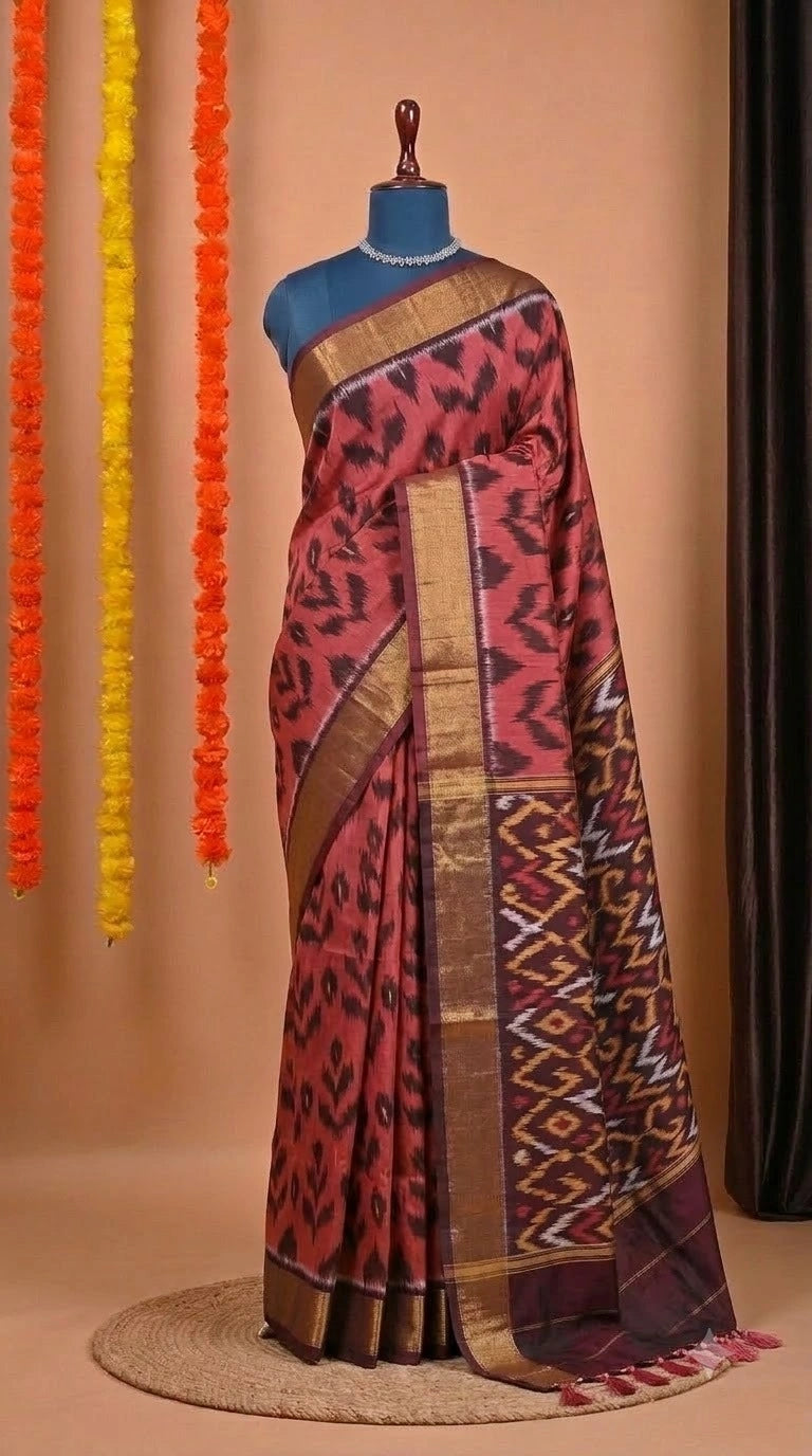 Brick Red Ikkat Silk Cotton Saree 