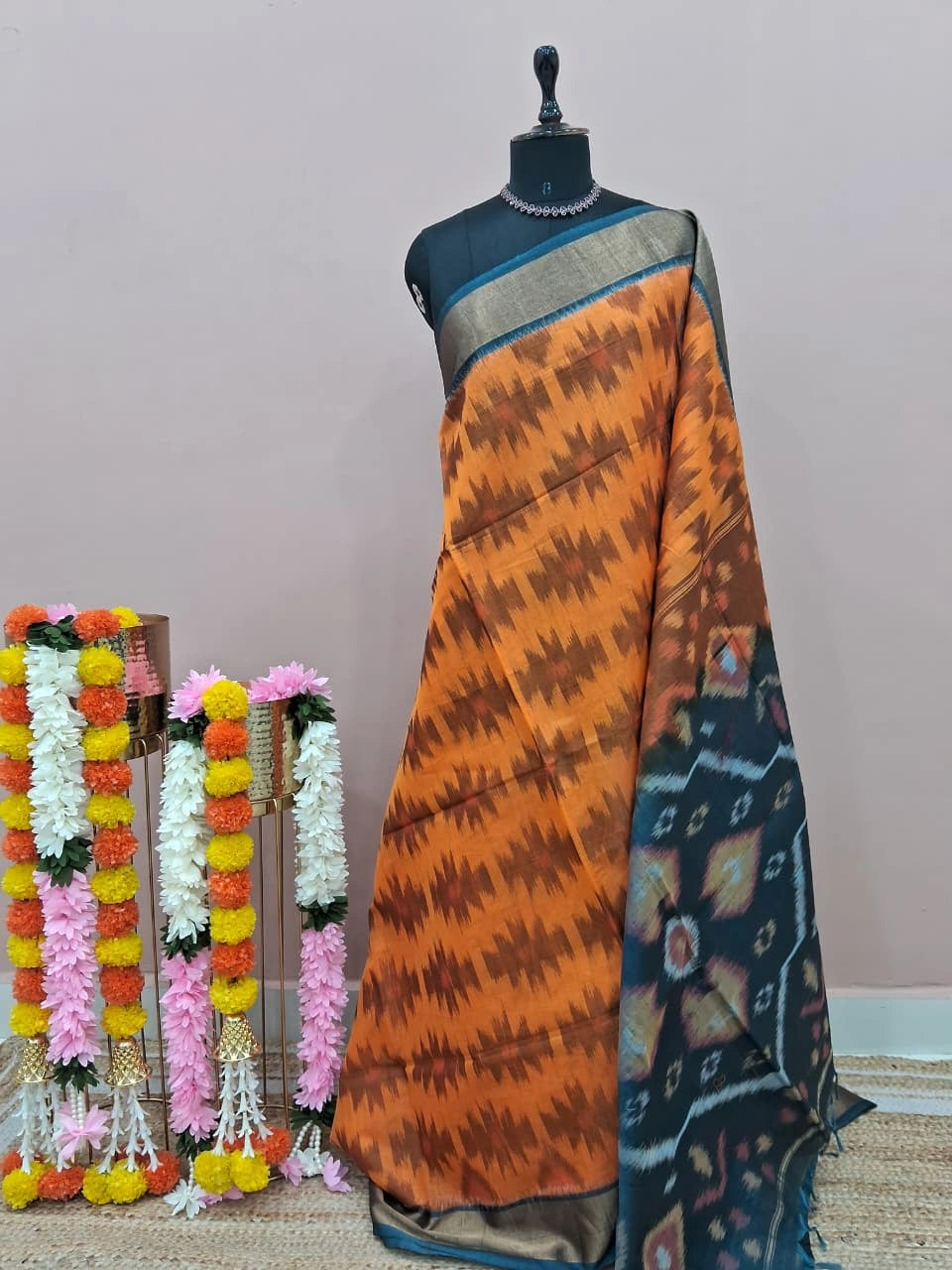 Light Orange Ikkat Silk Cotton Saree 