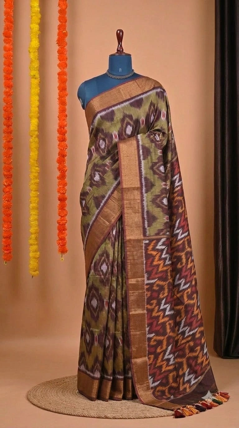 Mehandi Green Ikkat Silk Cotton Saree 