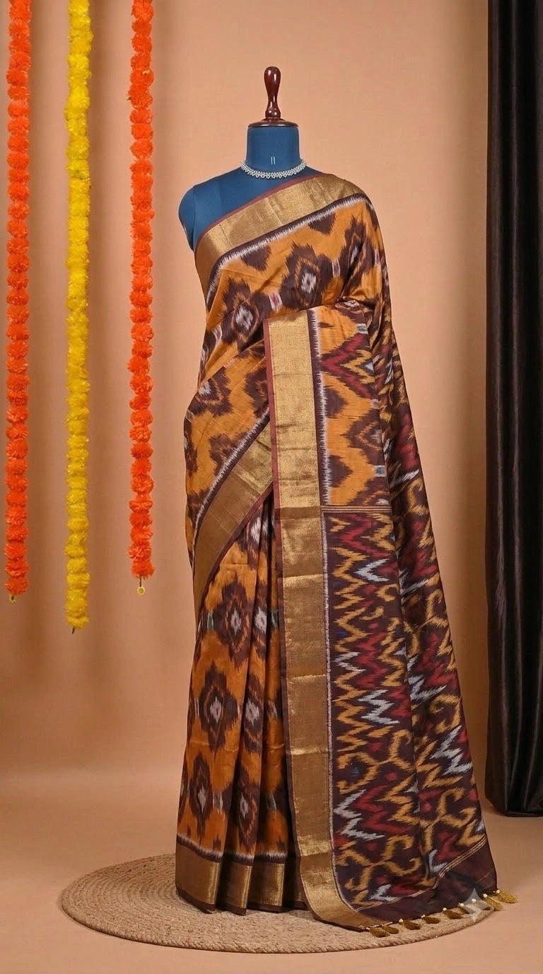 Orange Ikkat Silk Cotton Saree 