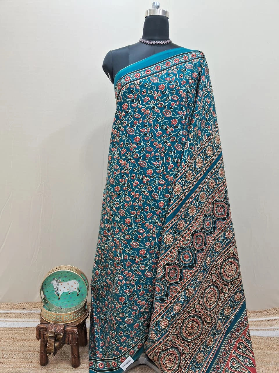Premium Teal Blue floral printed Mulmul Cotton Saree