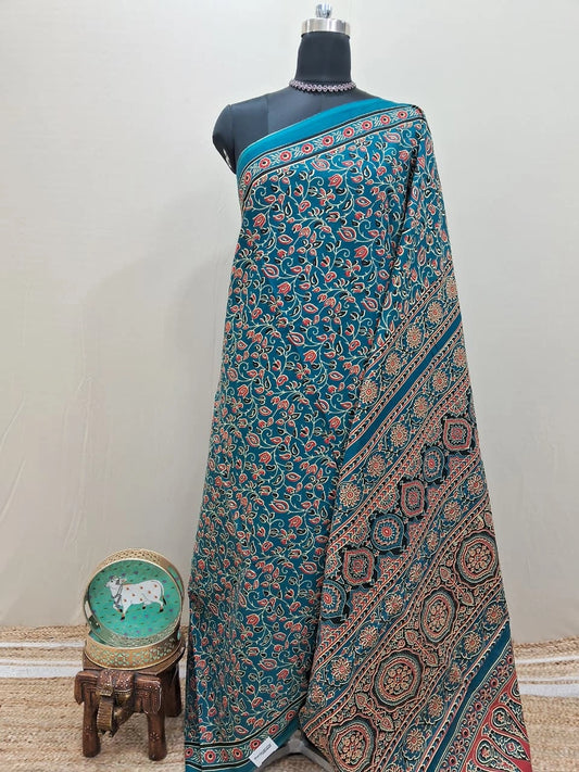 Premium Teal Blue floral printed Mulmul Cotton Saree