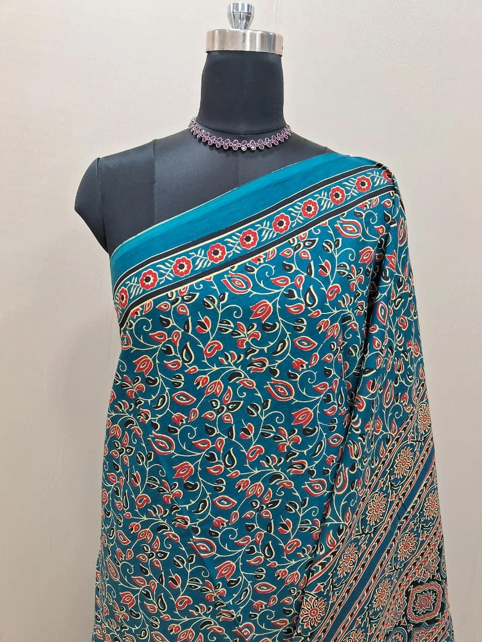 Premium Teal Blue floral printed Mulmul Cotton Saree 1