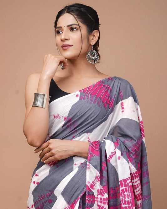 Grey and white mulmul cotton saree