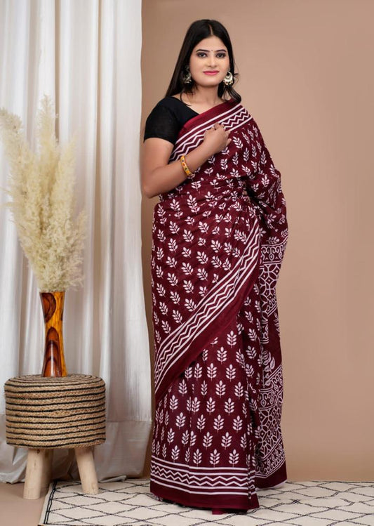 Maroon mulmul cotton saree