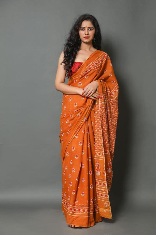 Mustard yellow mulmul cotton saree