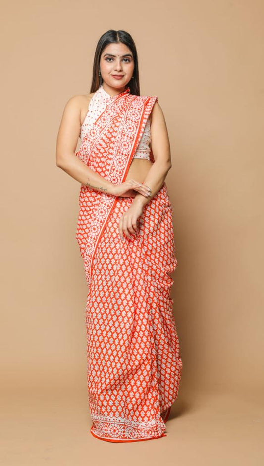 Orange mulmul cotton saree