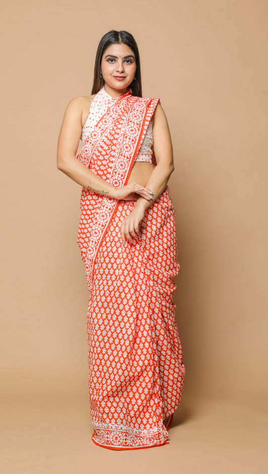 Orange mulmul cotton saree