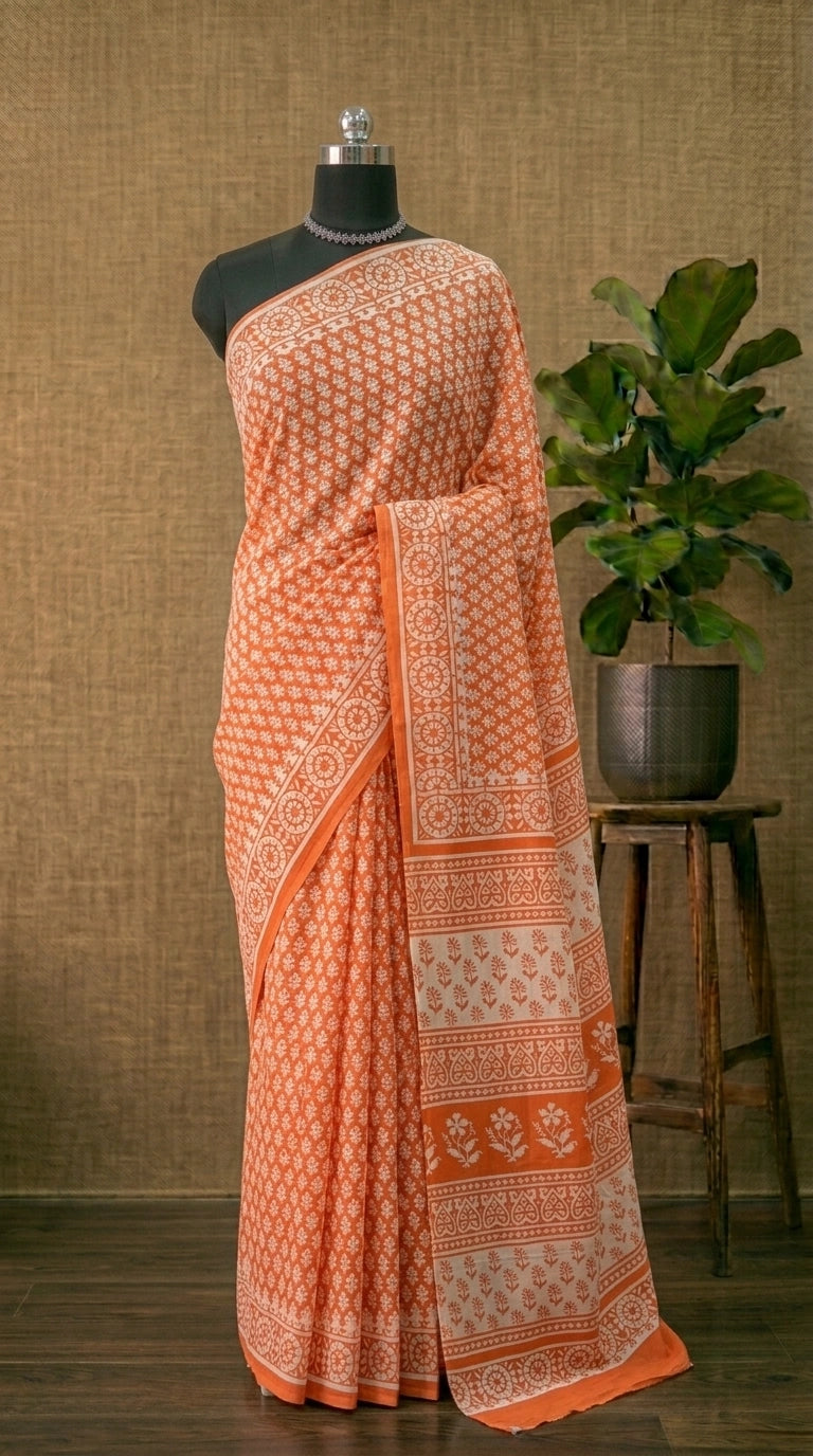 White & Tangerine Mulmul Cotton Saree