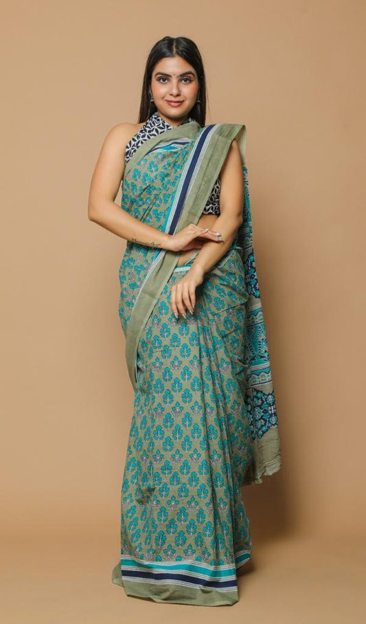 Olive green mulmul cotton saree