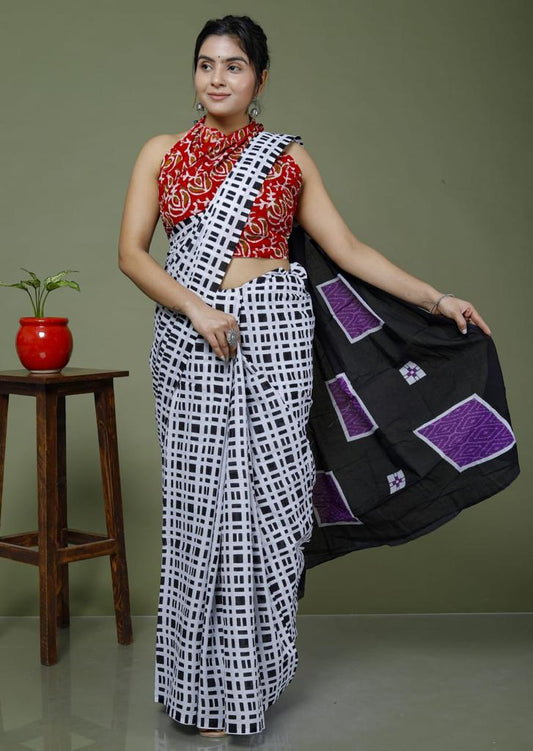 Black and white abstract printed mulmul cotton saree