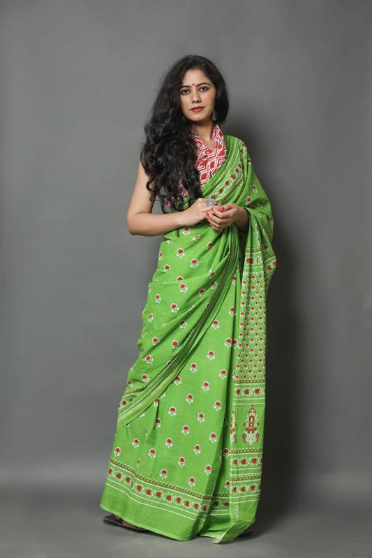 Green mulmul cotton saree