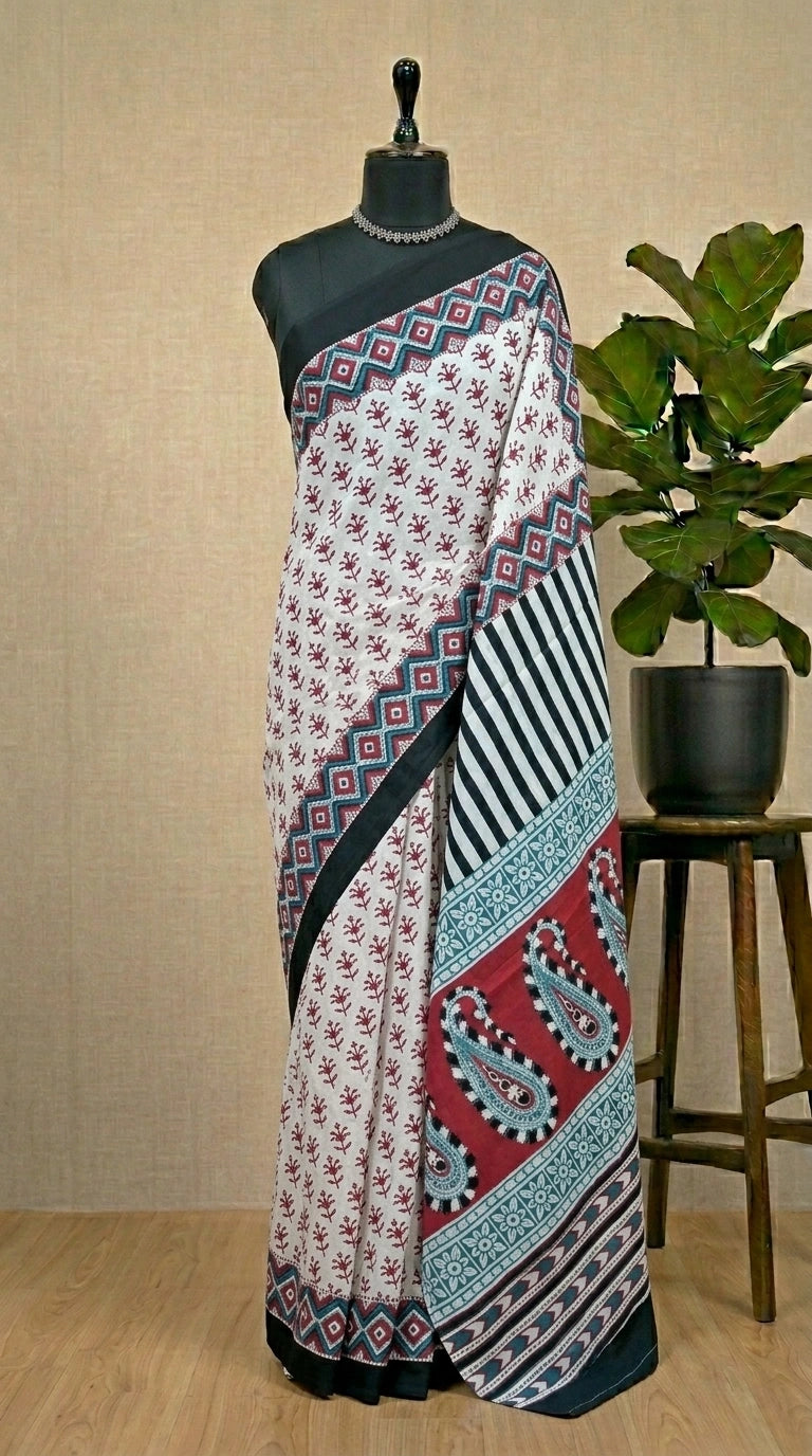 White & Red Floral Mulmul Cotton Saree
