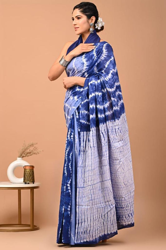 Royal blue mulmul cotton saree