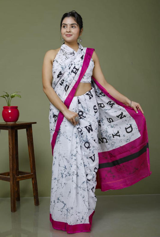 White mulmul cotton saree