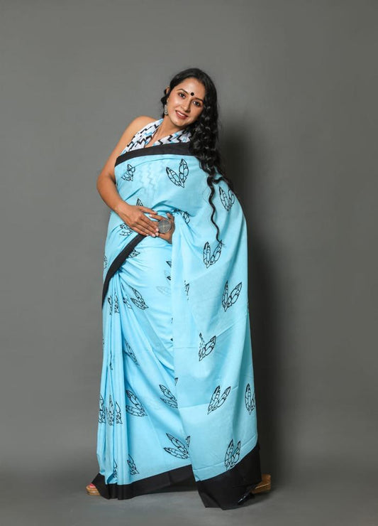 Sky blue mulmul cotton saree