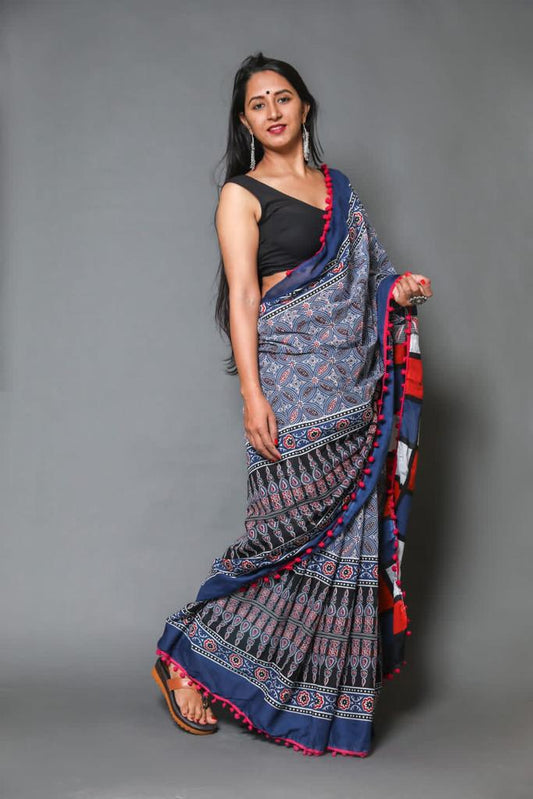 Blue mulmul cotton saree
