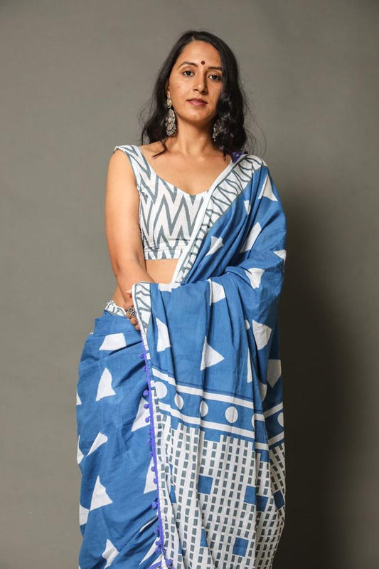 Blue mulmul cotton saree