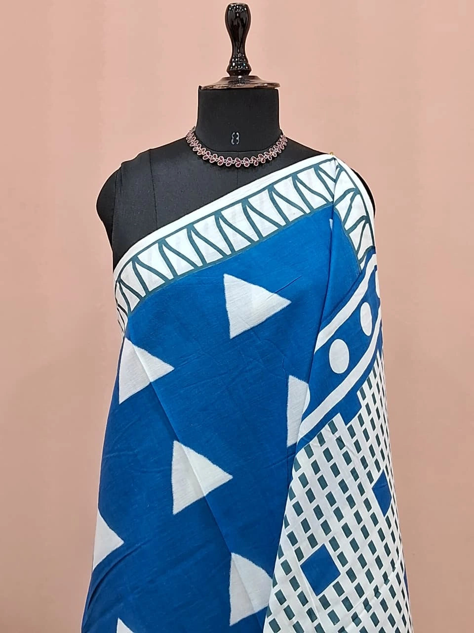 Blue & White Geometric – Mulmul Cotton Saree 1