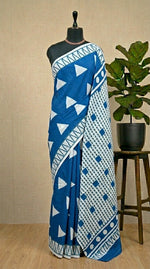 Blue & White Geometric – Mulmul Cotton Saree