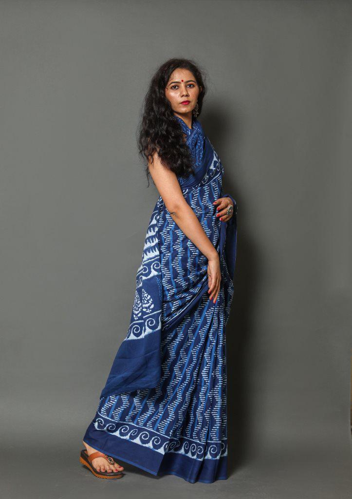 Indigo blue mulmul cotton saree