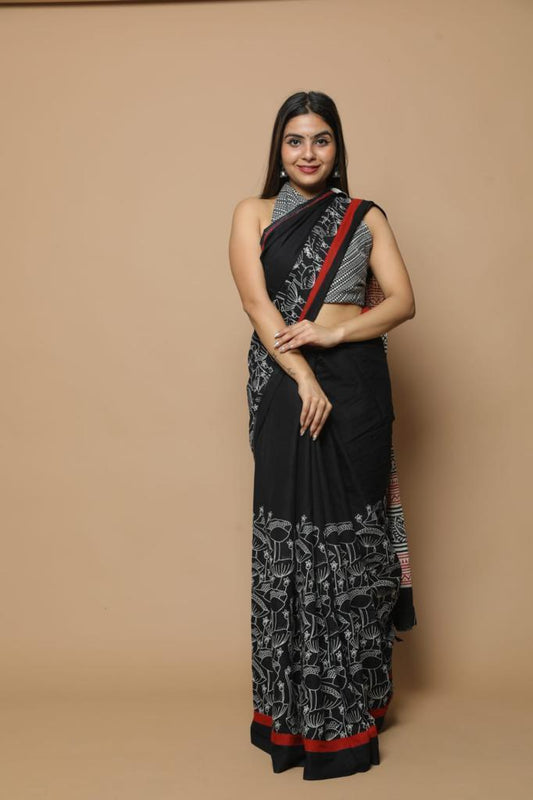 Black mulmul cotton saree