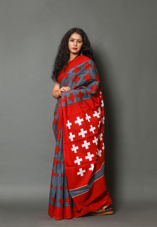 Grey mulmul cotton saree