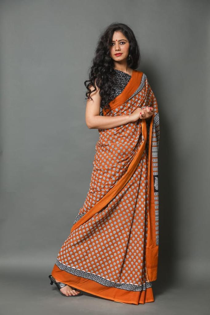 Rust orange mulmul cotton saree