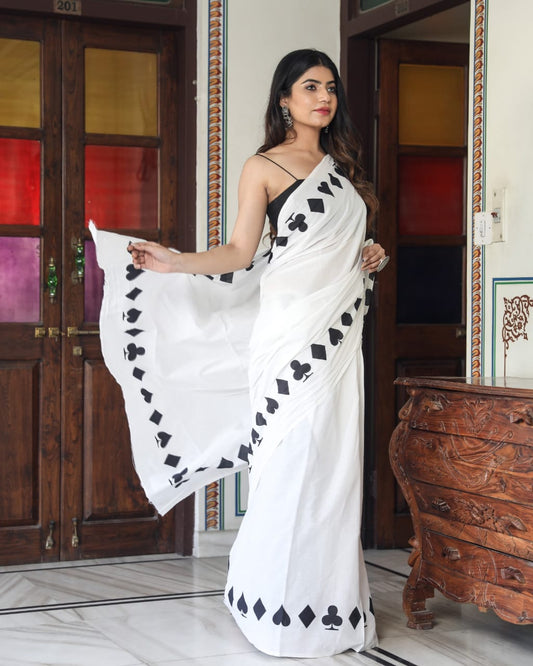 White Mulmul cotton saree