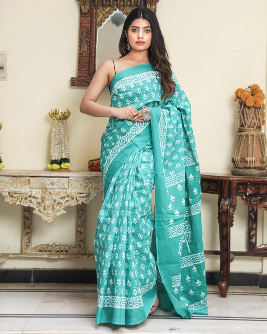 Sea green Mulmul cotton Saree