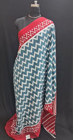 Red & Indigo Zigzag Pattern Mulmul Cotton Saree