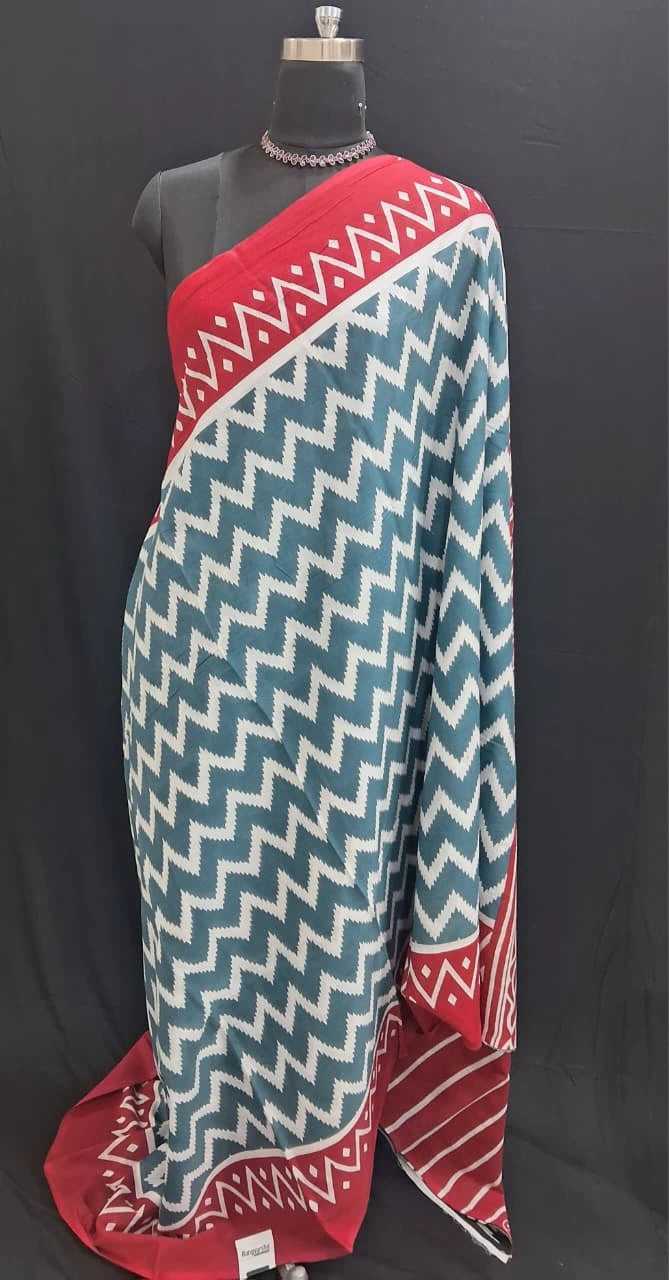 Red & Indigo Zigzag Pattern Mulmul Cotton Saree