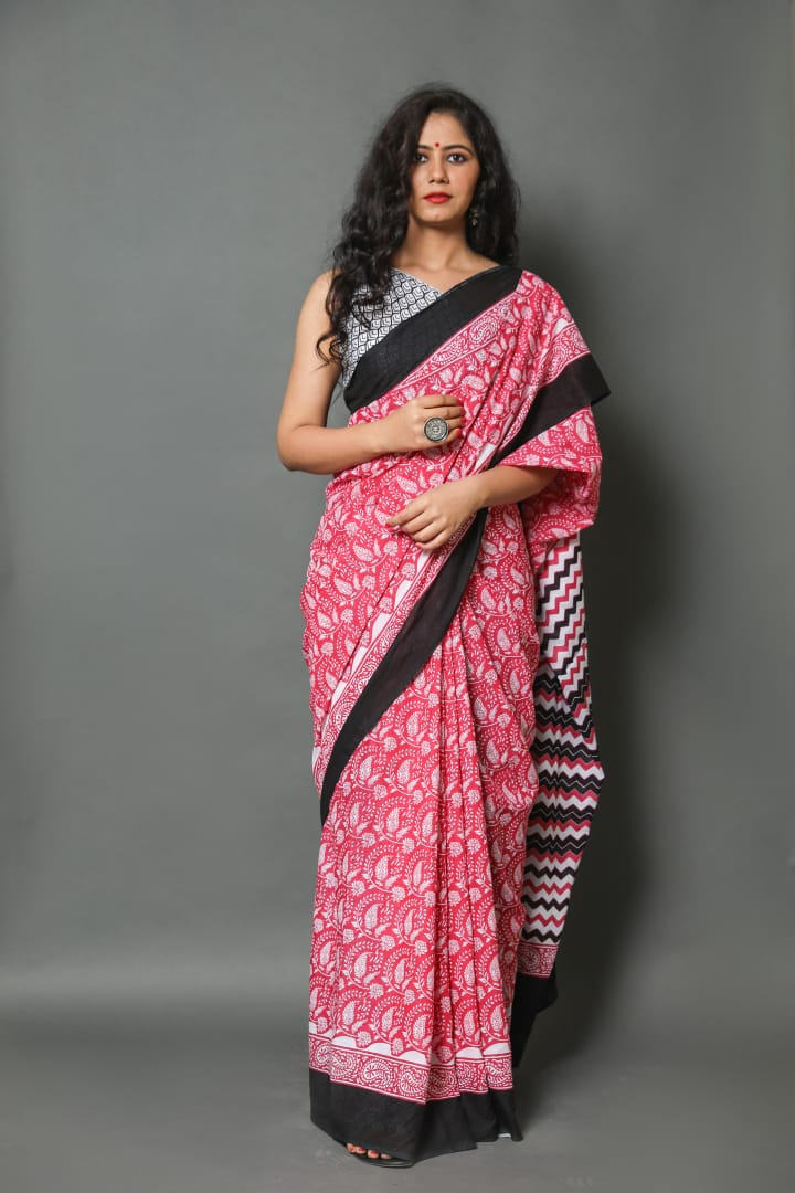 Authentic pink mulmul cotton saree from India, lightweight and soft”